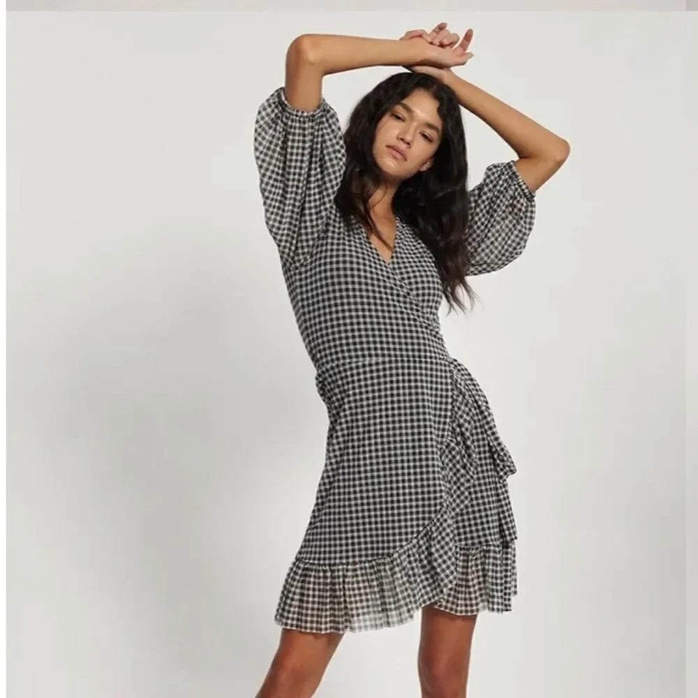 Ganni Gingham Mini Black White Dress Checkered Ruffled Size 4